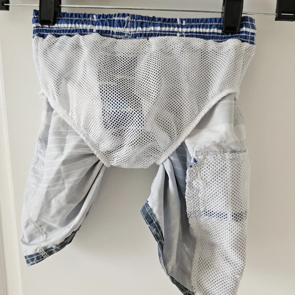 3T Quad Seven blue, gray and white swim trunks Vacation Spring Break beach shore